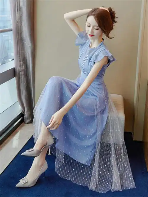 蕾丝网纱连衣裙女2019夏季新款气质显瘦中长款修身收腰裙子夏