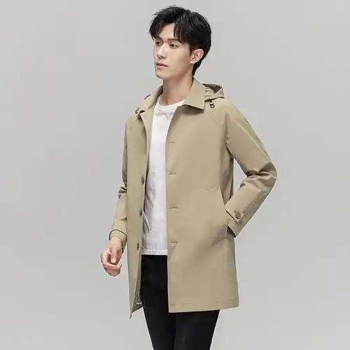 春装新款男士高品质休闲时尚英伦翻领中长款风衣脱卸帽男士外套