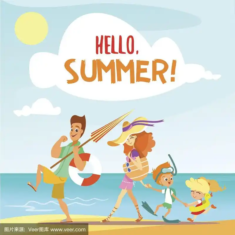 可爱的卡通家庭在暑假的海滩上散步.