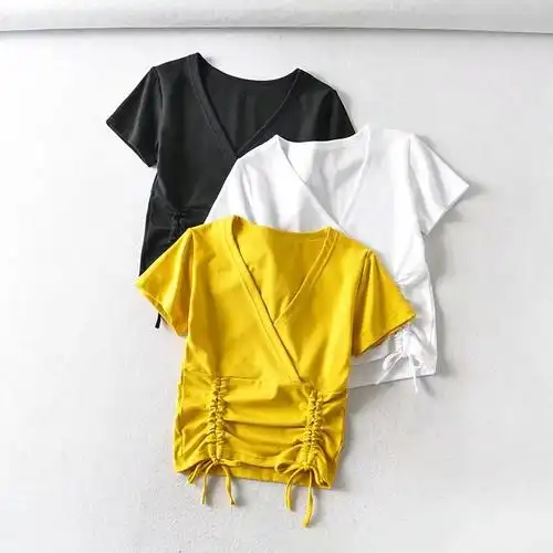 2020夏季新款短款瑜伽健身上衣欧美ins爆款下摆抽绳交叉短袖t恤女