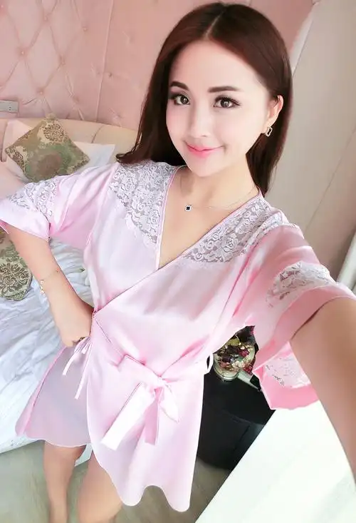 睡袍女夏性感睡衣真丝蕾丝绸春夏季短袖系带浴衣女士浴袍家居服