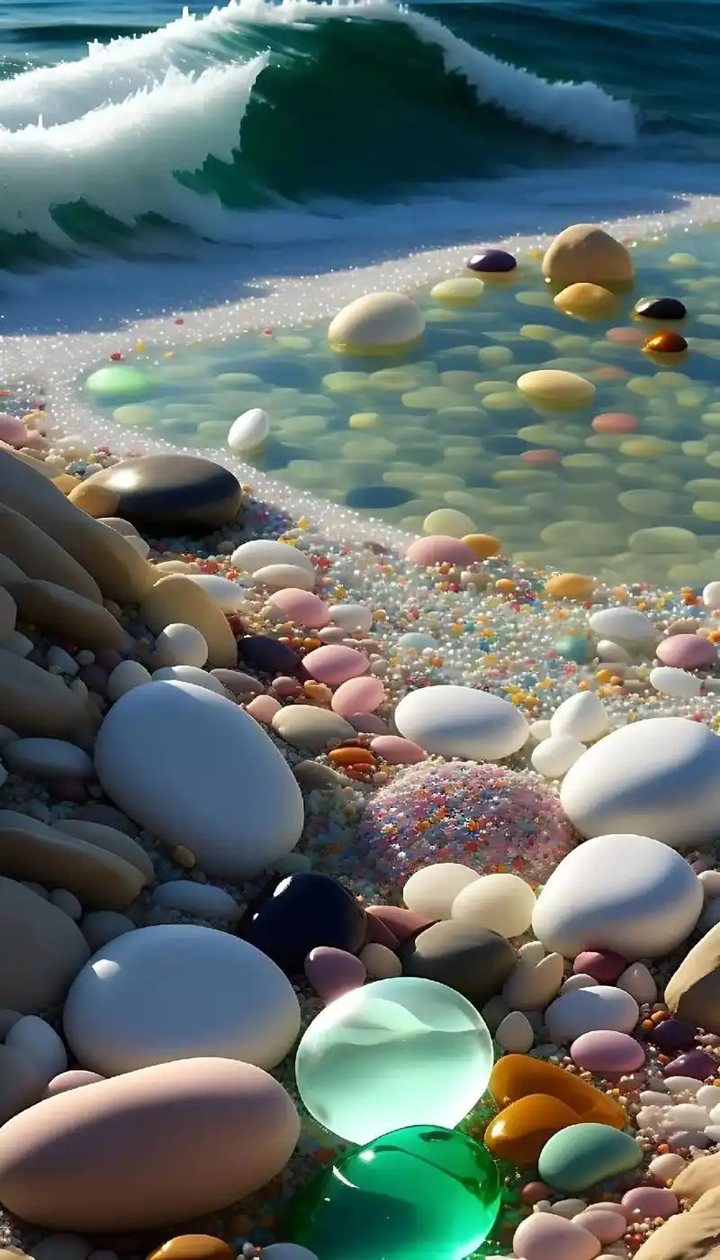蓝天白云,大海,沙滩,五颜六色的鹅卵石包裹着晶莹透亮的水滴# - 抖音