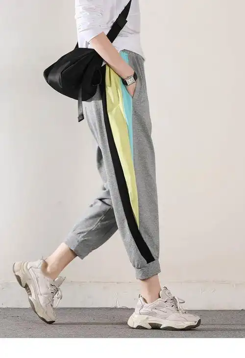 诺诗登rouhildy品牌休闲运动裤女夏季薄款侧纹拼接撞色卫裤女士韩版