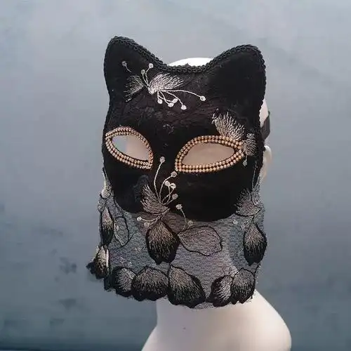 假面舞会万圣节派对狂欢节黑色猫面具蕾丝蒙面舞者舞台复古风妖女