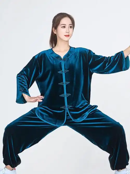 太极服秋冬款女士 太极拳练功服装新款时尚太极服武术表演服套装 黑色