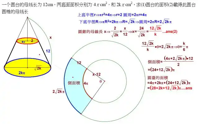 一个圆台的母线长为12cm,两底面面积分别为4派cm的2次方,和2k派cn的a