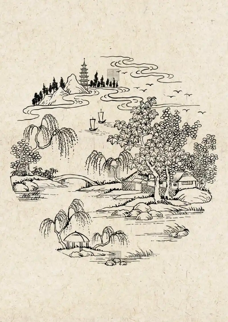 国风元素|山水风景线稿    画了好几天的线稿可太喜欢了!