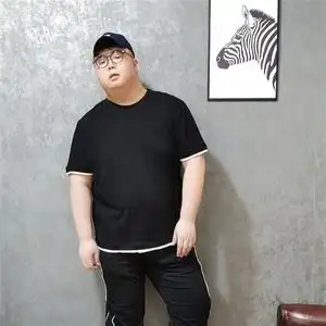 帅胖胖子潮牌时尚纯色夏季阳光宽松百搭拼色加肥加大码短袖t恤男