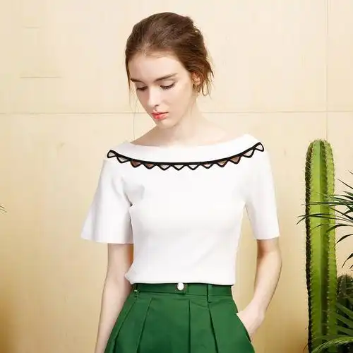 osa欧莎夏装新款女装上衣一字领白色女