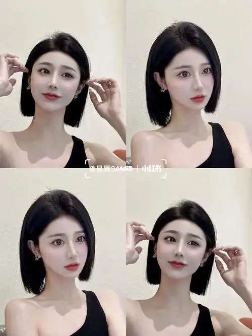 短发女生一刀切硬线条短发发型,一刀切就是头发剪的很整齐,没有杂乱的