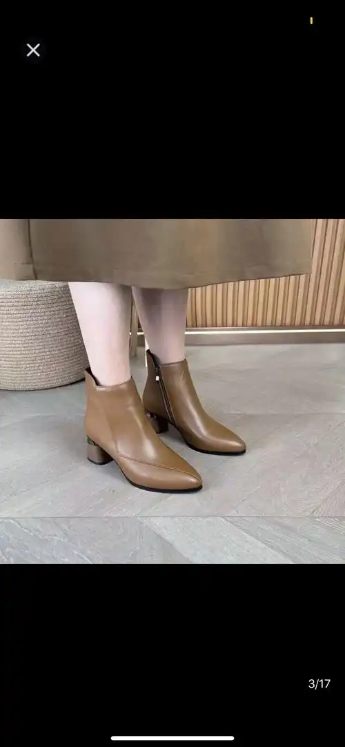 短靴新款时尚中跟秋冬百搭加绒靴子尖头拉链时装鞋真皮粗跟女鞋