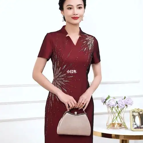 改良旗袍连衣裙修身显瘦婚礼妈妈装夏装短袖