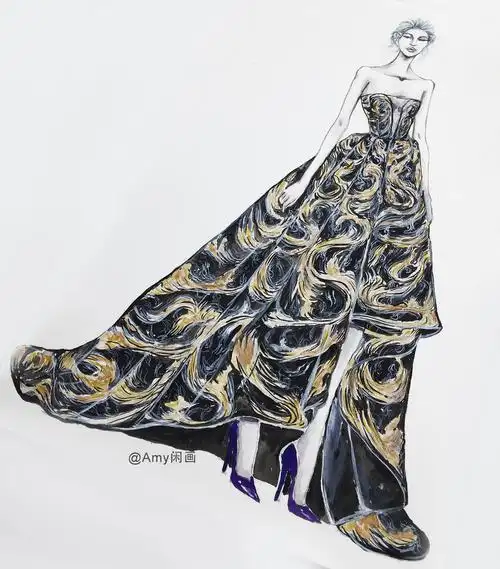 服装设计水彩手绘 57 低胸云纹刺绣不规则拖地长裙