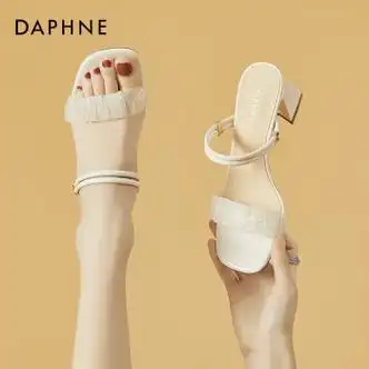 【达芙妮4623303006】达芙妮一字拖粗跟拖鞋女时尚两穿网纱高跟凉鞋女