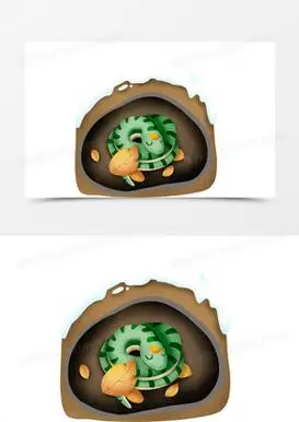 卡通手绘在洞里冬眠的绿色小蛇素材