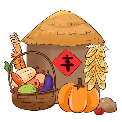 卡通粮仓农民丰收节秋天丰收作物卡通金色秋天瓜果收获季png素材