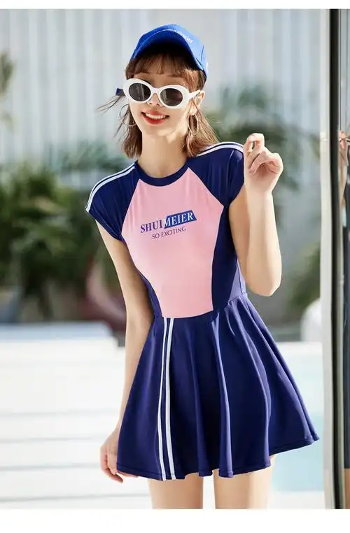 弈格泳衣女分体二件套ins风2021新款保守学生裙式温泉游泳装蓝色m