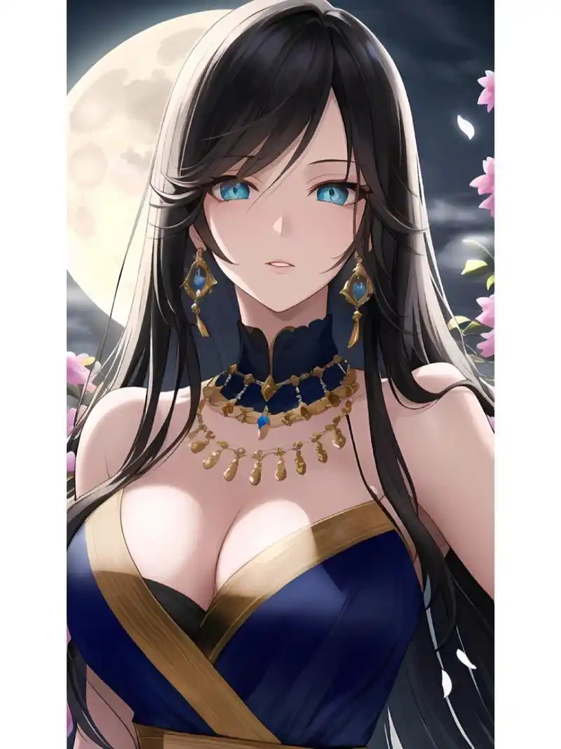 动漫二次元绘画人物,月亮下的女神