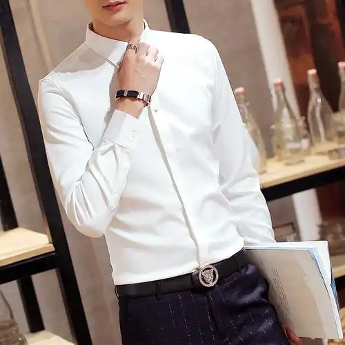 一折衬衫男长袖休闲 百搭_帅气男士商务休闲衬衣正装男潮流长袖发型师