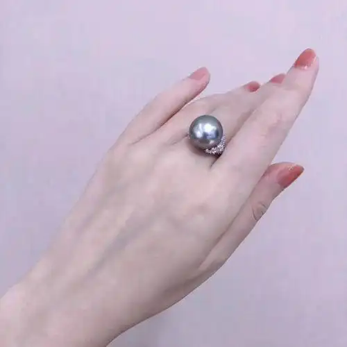 1314mm无瑕正圆极光铂金灰珍珠戒指