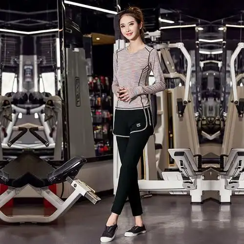秋冬季健身房瑜伽服运动套装女跑步服两件套速干长袖显瘦假两件长裤