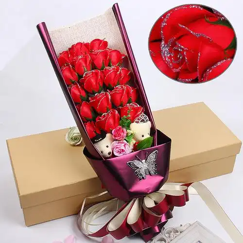 七夕情人节礼品19朵双熊喷色烫金大花玫瑰香皂花束创意生日送