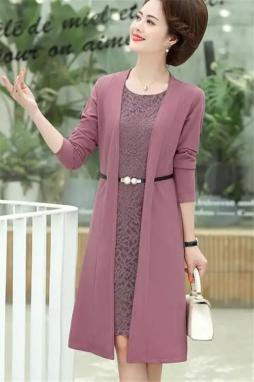 中年妈妈春秋连衣裙洋气中老年女春装2021新款两件套高贵裙子40岁