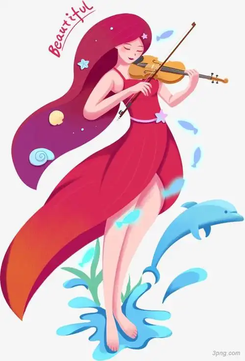 演奏小提琴的长发女孩png素材透明免抠图片-卡通手绘