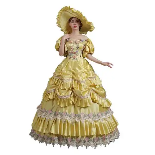 2021新款欧洲中世纪女皇宫廷缎面演出华丽大裙摆时装 舞会晚礼服