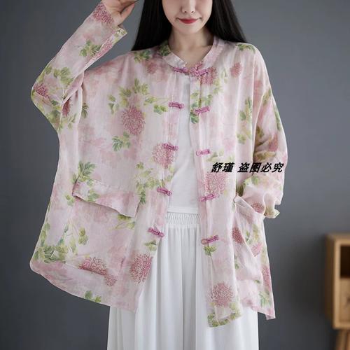 文艺印花苎麻开衫女春夏中式国风上衣外套复古盘扣中长款棉麻衬衫