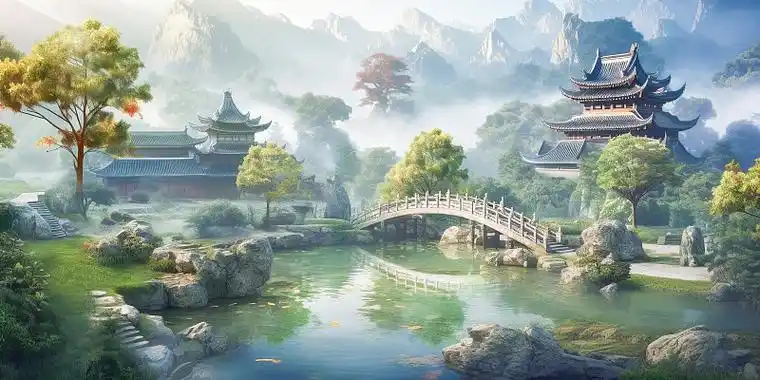 【ai数字艺术】3d渲染新中式风格古风建筑山水风景图片下载