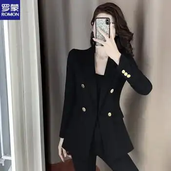 罗蒙romon春秋西服韩版气质英伦风设计感炸街黑色小西装外套冬女士