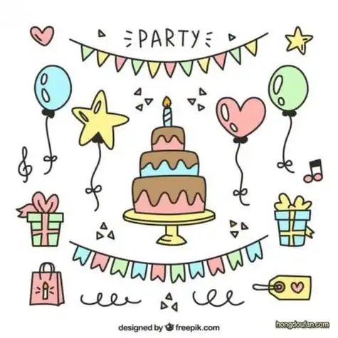 生日快乐party派对上的生日蛋糕气球礼物标签购物袋简笔画大全