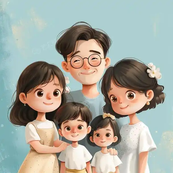 亲子头像|五口之家,三女儿绽放的幸福画卷