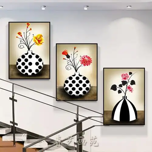 楼梯装饰画现代简约楼道挂画楼梯口楼梯间三联画客厅过道壁画花卉