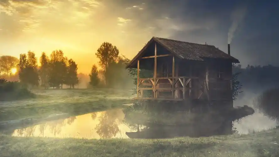 壁纸 夏天,早晨,森林,草,池塘,小屋,雾 3840x2160 uhd 4k 高清壁纸