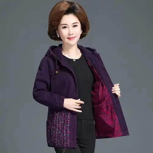 中老年女装纯棉连帽外套春秋秋装妈妈5060岁加大中老年女装
