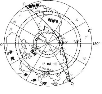 下图是以北极为中心的地球俯视图,弧线pmq表示晨昏线,p地正值日落.