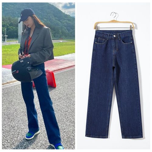 疯狂爱情krystal郑秀晶同款牛仔裤女深蓝色高腰宽松直筒长裤子春