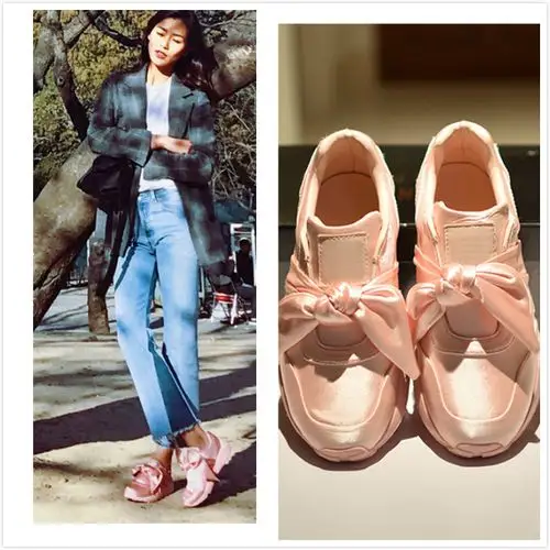 刘雯明星同款丝绸蝴蝶结单鞋蕾哈娜宫廷丝带圆头休闲松糕鞋女优惠券