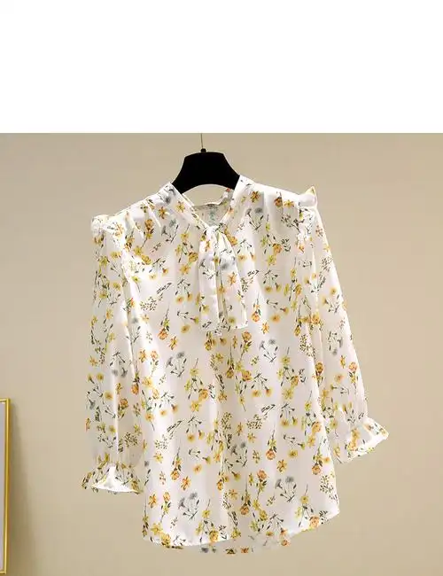 中袖小碎花衬衣五分袖衬衫女春夏季很仙的小衫装上衣雪纺花衫衣系带