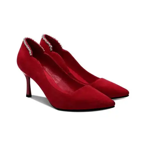 新款韩版尖头单鞋女水钻高跟鞋宴会性感细跟新娘红色结婚鞋