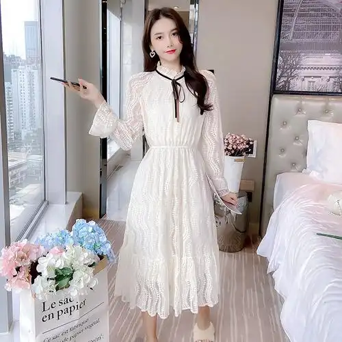 2020新款 秋季 气质女神范蕾丝连衣裙松紧腰修身 显瘦中长裙 - 女装/