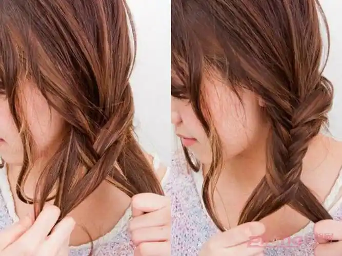 美美的侧鱼骨辫的编法图解,希望你会喜欢 最后使用橡皮筋固定好发尾