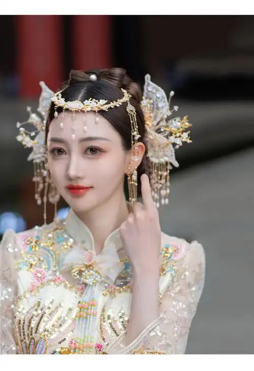 奇锆中式古风发饰额饰翅膀流苏对夹古装唯美饰品古典汉服婚礼头饰套装