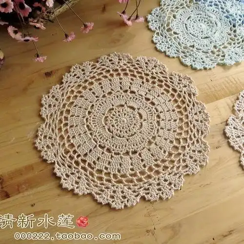 手工钩针勾花盘垫 纯棉蕾丝编织森系怀旧复古装饰圆桌垫 白/米色