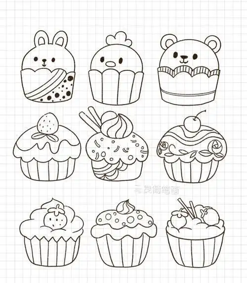 简笔画|草莓樱桃纸杯蛋糕甜点甜品手帐素材甜品简笔