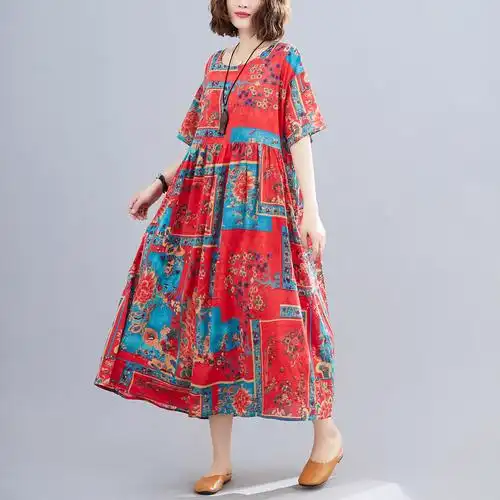 实拍胖mm女装民族风宽松大码印花连衣裙女中长款大摆裙