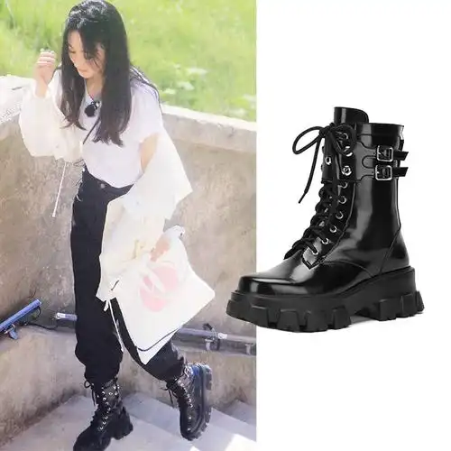 2021春夏新款明星赵丽颖同款鞋增高厚底英伦系带机车短靴马丁靴女