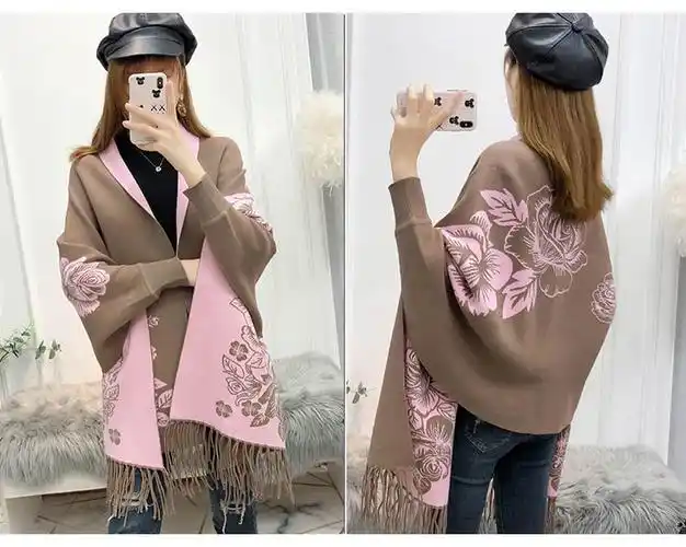 2021款秋冬加厚带袖子披肩提花针织中长款斗篷办公两用开衫外套女